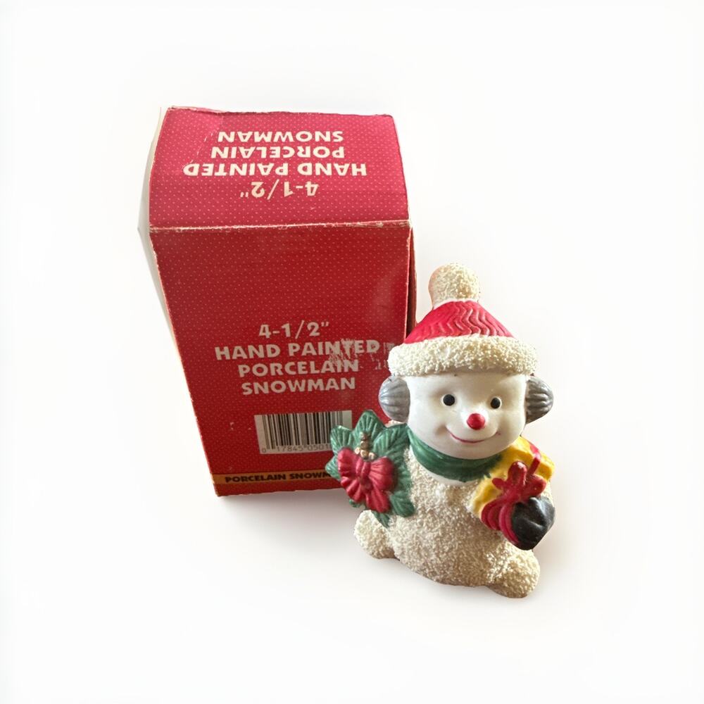 Vintage Holiday Traditions Porcelain Snowman Figurine 4.5" Hand Painted W/ Box